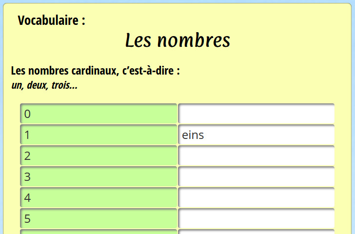 [Une liste de vocabulaire]